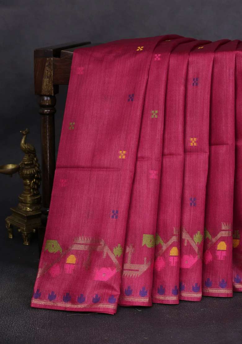 Munga Tussar Silk Saree Maroon With Thread Woven Buttas And Woven Border With Buttas And Brocade Design For Women - Indya