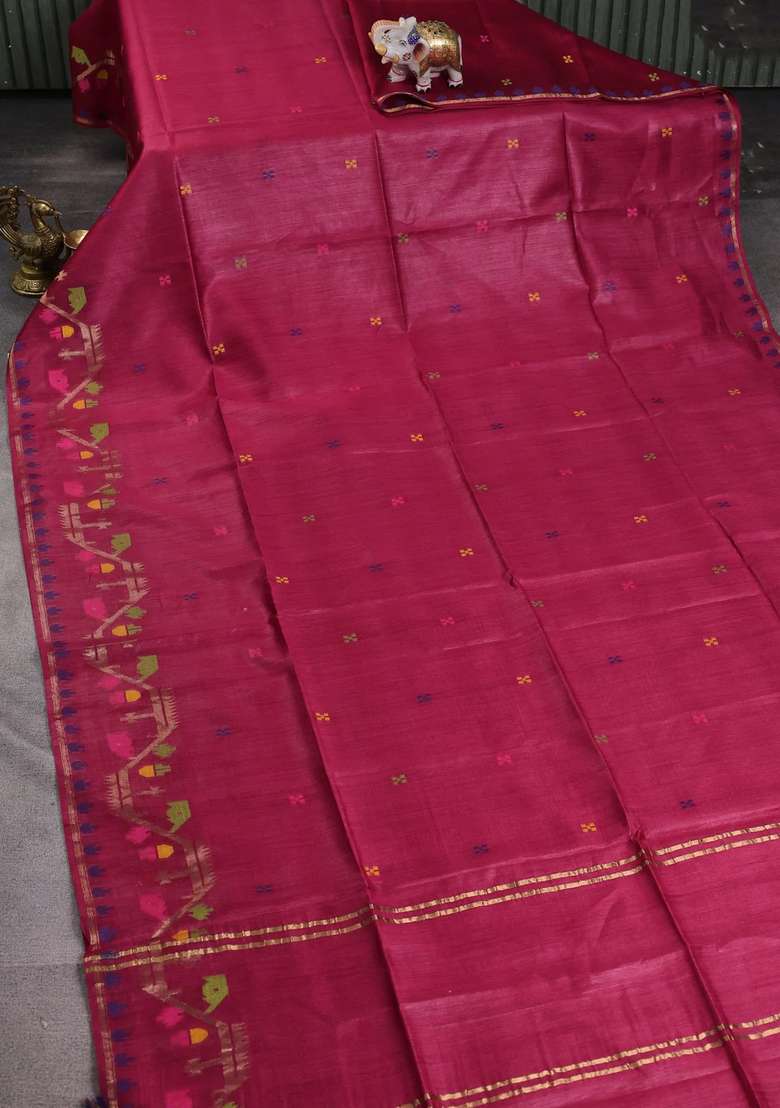 Munga Tussar Silk Saree Maroon With Thread Woven Buttas And Woven Border With Buttas And Brocade Design For Women - Indya