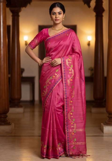 Munga Tussar Silk Saree Maroon With Thread Woven Buttas And Woven Border With Buttas And Brocade Design For Women