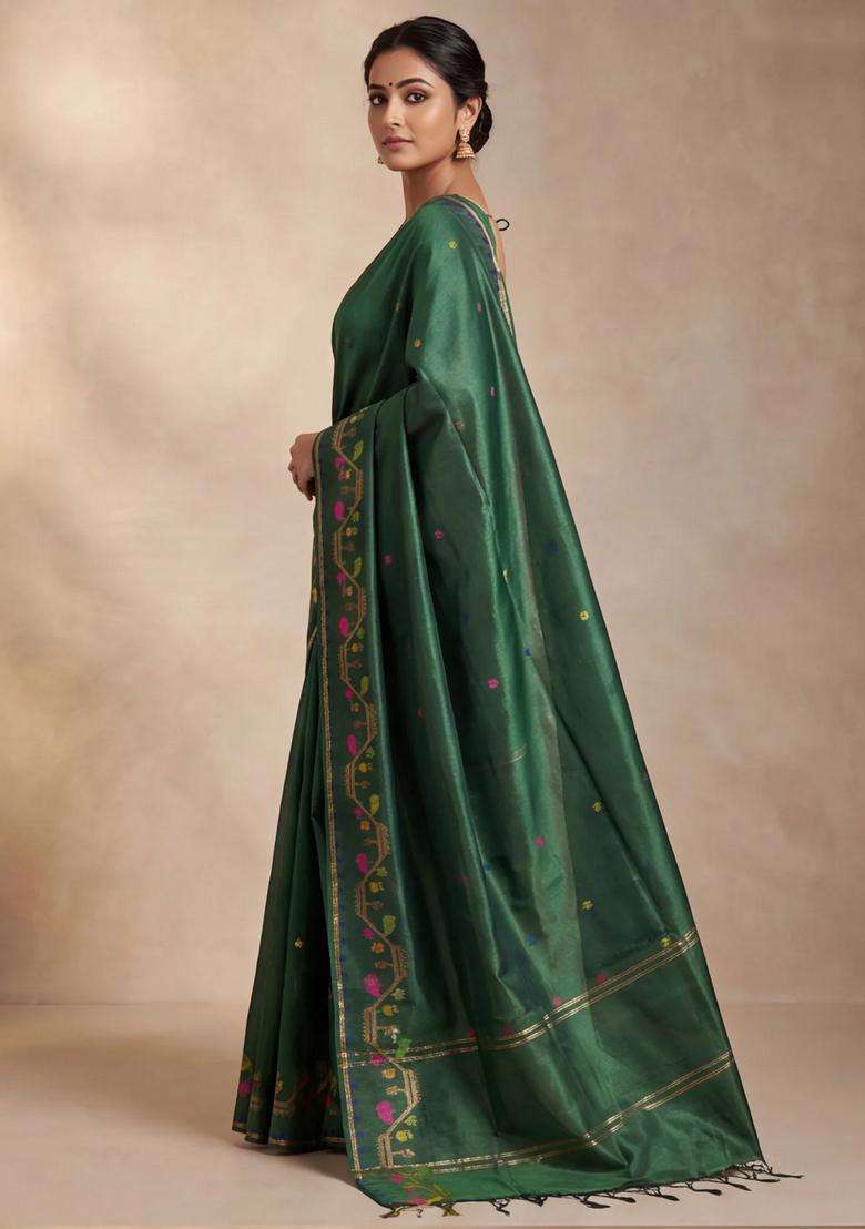Munga Tussar Silk Saree Green With Thread Woven Buttas And Woven Border With Buttas And Brocade Design For Women - Indya