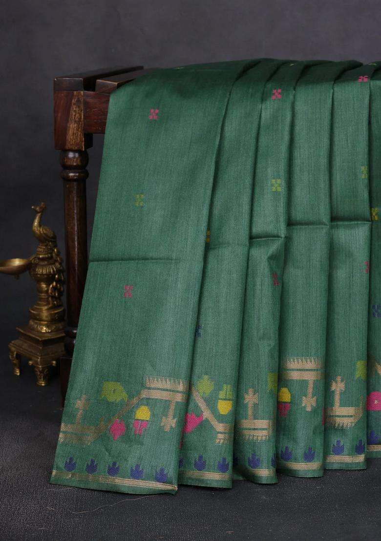 Munga Tussar Silk Saree Green With Thread Woven Buttas And Woven Border With Buttas And Brocade Design For Women - Indya