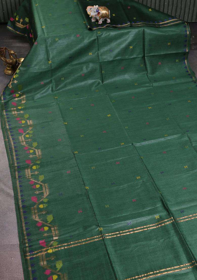 Munga Tussar Silk Saree Green With Thread Woven Buttas And Woven Border With Buttas And Brocade Design For Women - Indya