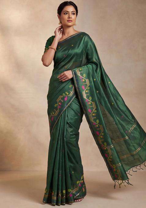 Munga Tussar Silk Saree Green With Thread Woven Buttas And Woven Border With Buttas And Brocade Design For Women