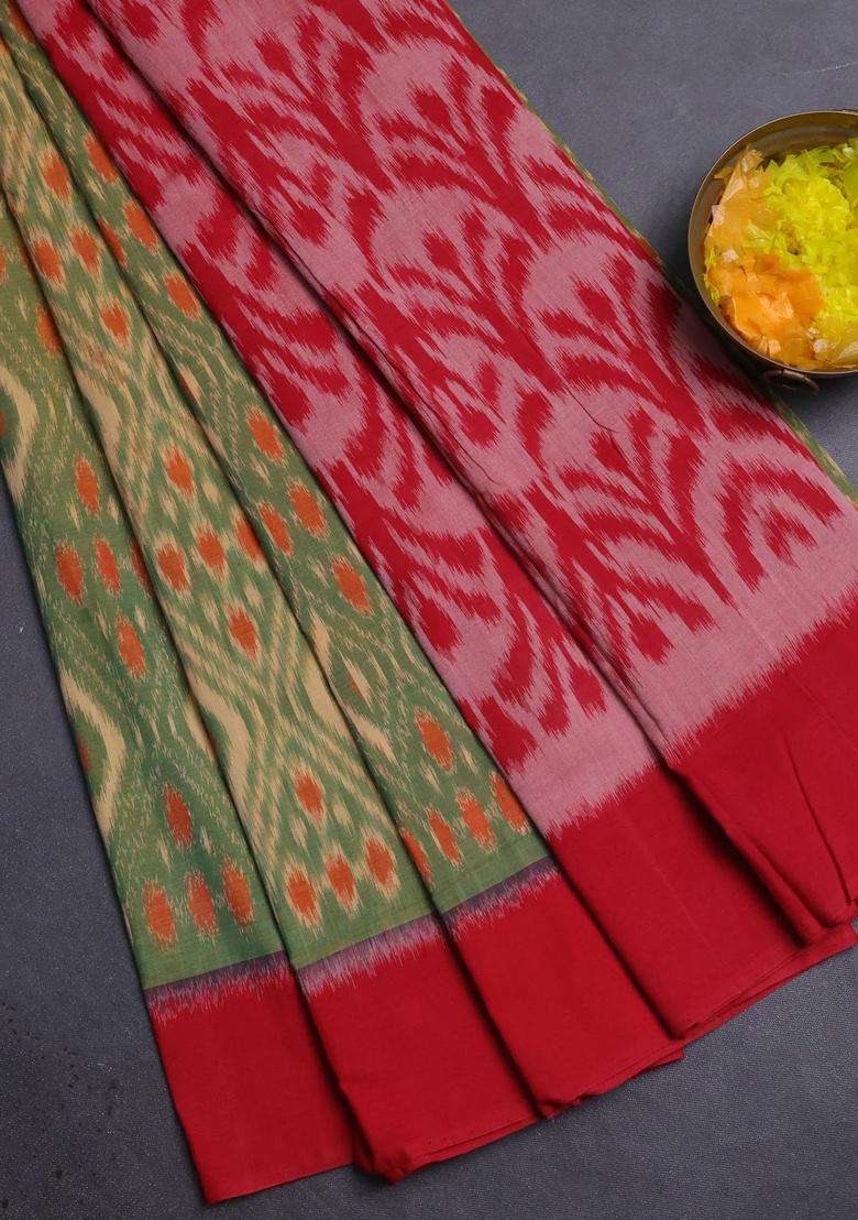 Ikat Cotton Saree Sandal Green And Maroon With Allover Ikat Weaves And Simple Border With Traditional Woven Design For Women - Indya