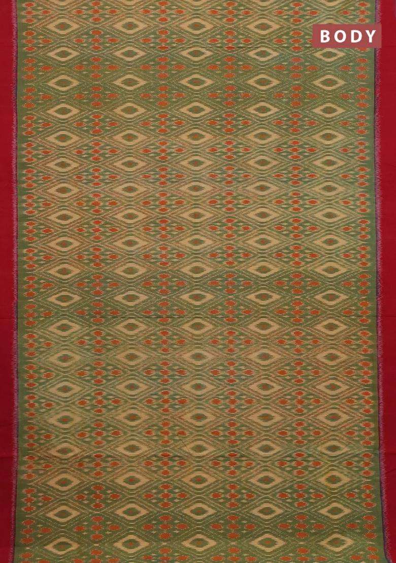 Ikat Cotton Saree Sandal Green And Maroon With Allover Ikat Weaves And Simple Border With Traditional Woven Design For Women - Indya