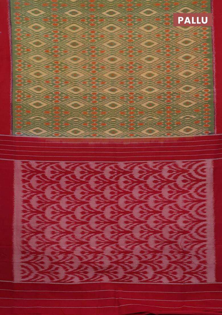 Ikat Cotton Saree Sandal Green And Maroon With Allover Ikat Weaves And Simple Border With Traditional Woven Design For Women - Indya