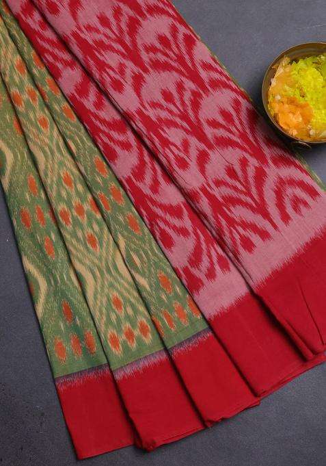 Ikat Cotton Saree Sandal Green And Maroon With Allover Ikat Weaves And Simple Border With Traditional Woven Design For Women