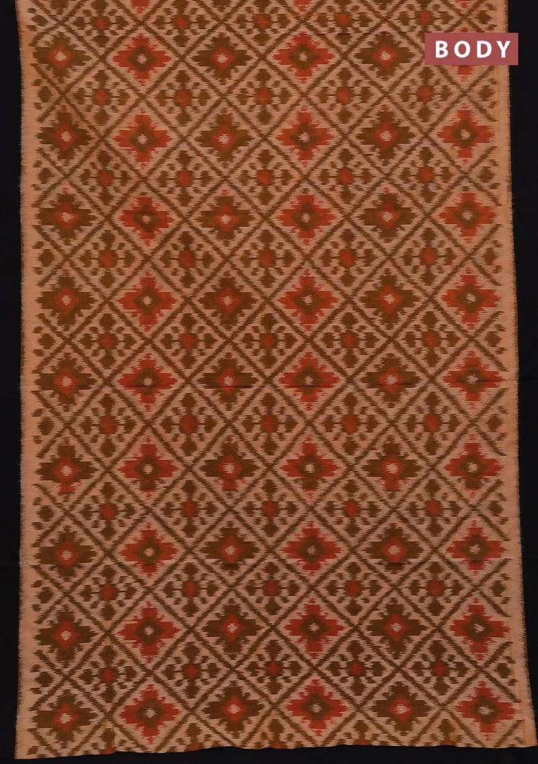 Ikat Cotton Saree Pale Orange And Black With Allover Ikat Weaves And Simple Border With Traditional Woven Design For Women - Indya