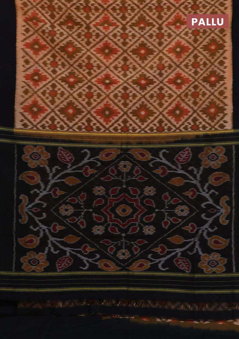Ikat Cotton Saree Pale Orange And Black With Allover Ikat Weaves And Simple Border With Traditional Woven Design For Women - Indya