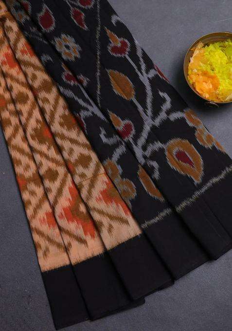 Ikat Cotton Saree Pale Orange And Black With Allover Ikat Weaves And Simple Border With Traditional Woven Design For Women