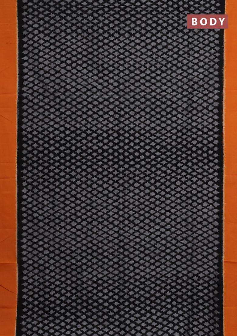 Ikat Cotton Saree Black And Orange With Allover Ikat Weaves And Simple Border With Traditional Woven Design For Women - Indya