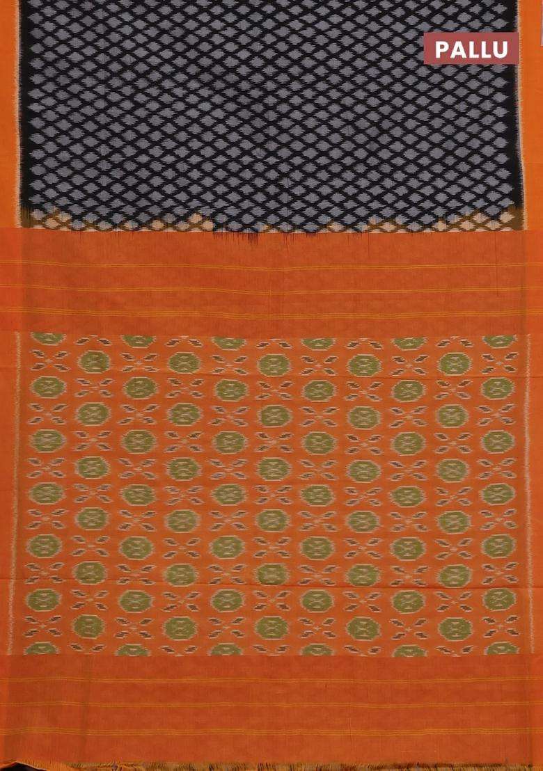 Ikat Cotton Saree Black And Orange With Allover Ikat Weaves And Simple Border With Traditional Woven Design For Women - Indya