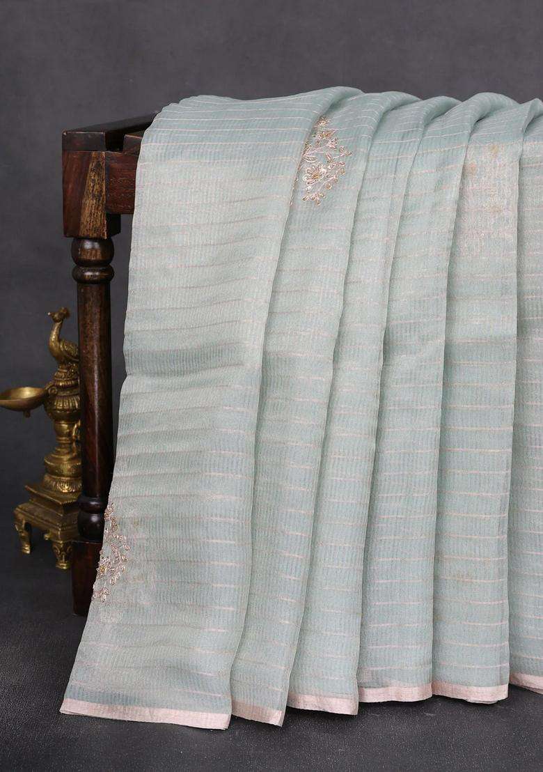 Pure Organza Silk Saree Pastel Blue Shade With Allover Zari Stripe Pattern Zardosi Work And Zari Woven Piping Border With Embroidered Design For Women - Indya