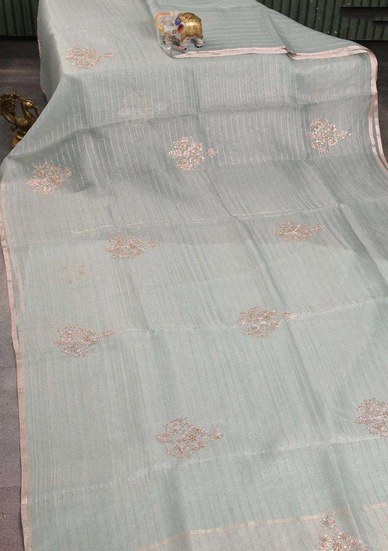 Pure Organza Silk Saree Pastel Blue Shade With Allover Zari Stripe Pattern Zardosi Work And Zari Woven Piping Border With Embroidered Design For Women - Indya