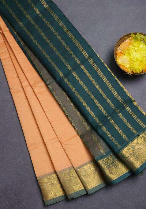 Silk Cotton Saree Pale Orange And Bottle Green With Plain Body And Zari Woven Border With Traditional Woven Design For Women