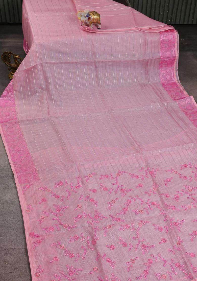 Silk Kota Cotton Saree Light Pink With Floral Embroidery Buttas And Zari Woven Border With Embroidered Design For Women - Indya