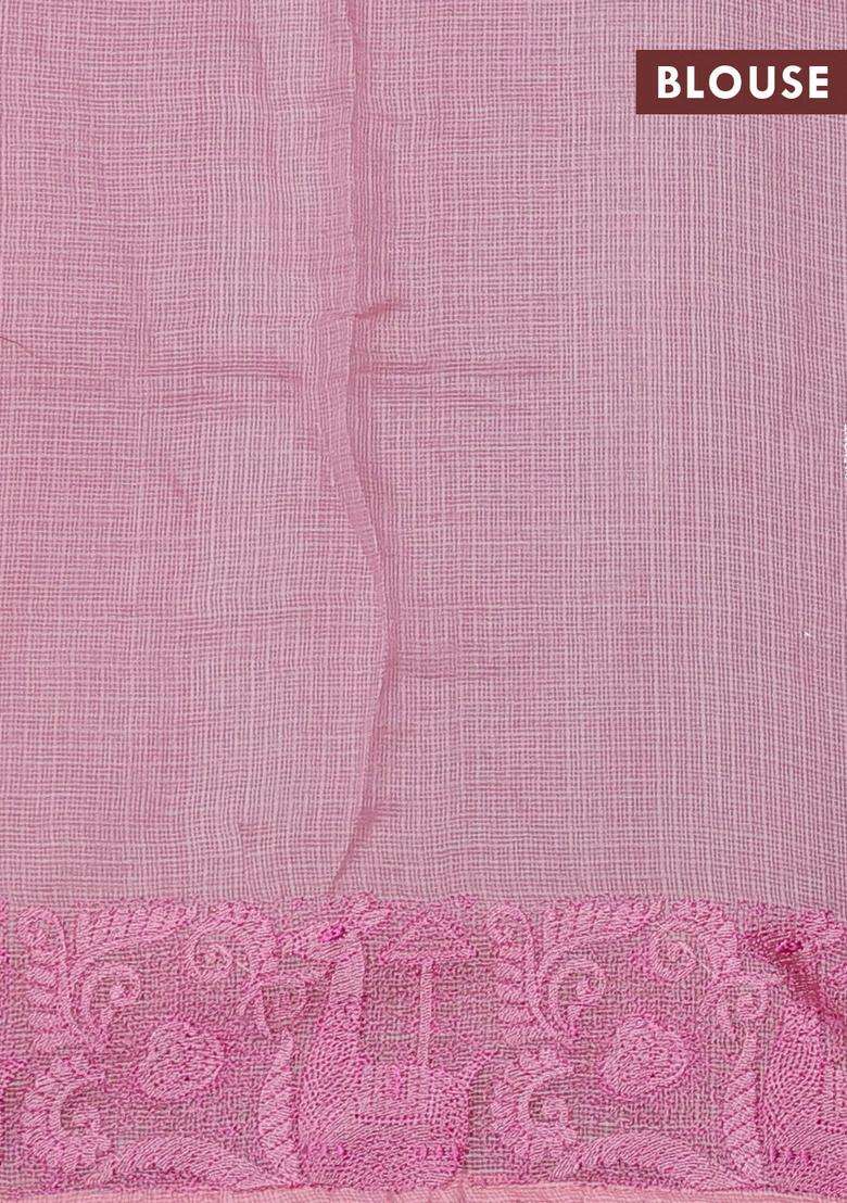 Silk Kota Cotton Saree Light Pink With Floral Embroidery Buttas And Zari Woven Border With Embroidered Design For Women - Indya