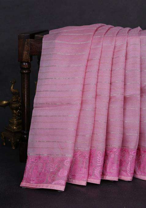 Silk Kota Cotton Saree Light Pink With Floral Embroidery Buttas And Zari Woven Border With Embroidered Design For Women
