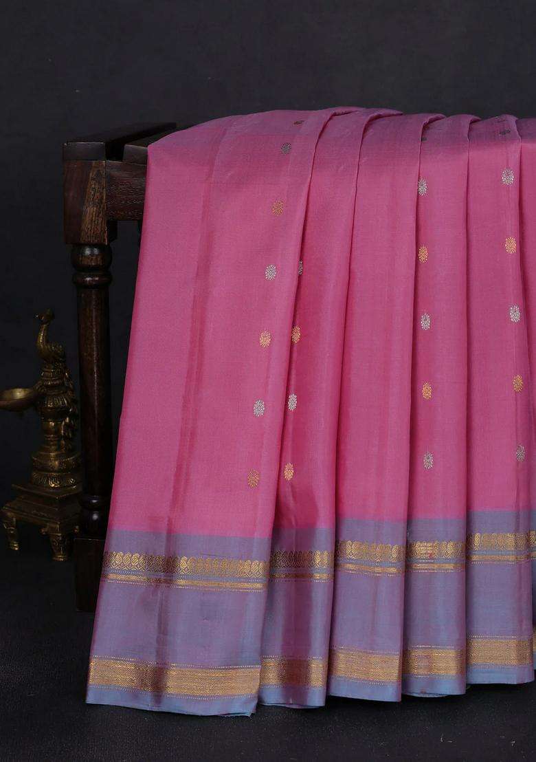 Pure Gadwal Silk Saree Light Pink And Lavender Shade With Silver Gold Zari Woven Buttas And Rettapet Zari With Buttas And Brocade Design For Women - Indya