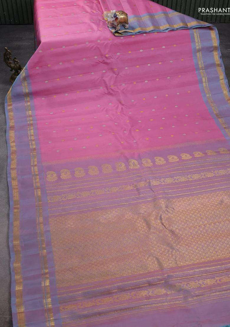 Pure Gadwal Silk Saree Light Pink And Lavender Shade With Silver Gold Zari Woven Buttas And Rettapet Zari With Buttas And Brocade Design For Women - Indya