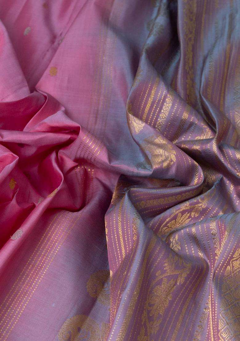 Pure Gadwal Silk Saree Light Pink And Lavender Shade With Silver Gold Zari Woven Buttas And Rettapet Zari With Buttas And Brocade Design For Women - Indya
