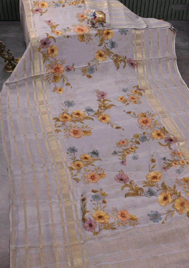 Semi Georgette Saree Grey With Allover Floral Prints And Long Zari Woven Border With Printed Design For Women - Indya