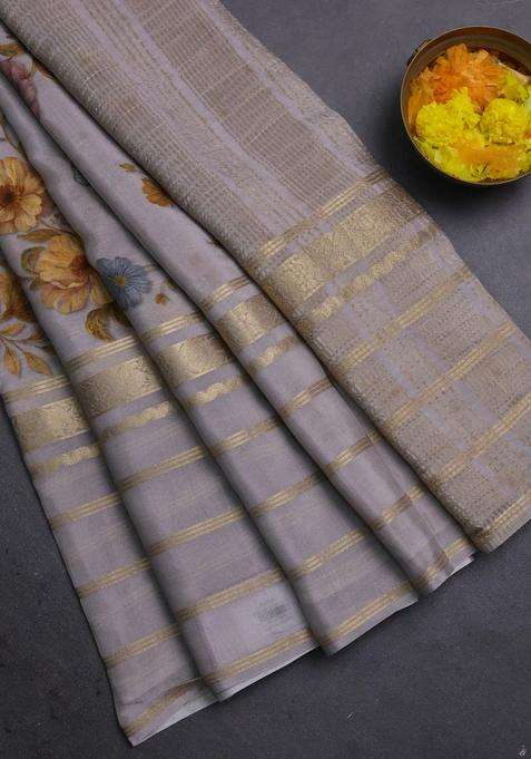 Semi Georgette Saree Grey With Allover Floral Prints And Long Zari Woven Border With Printed Design For Women