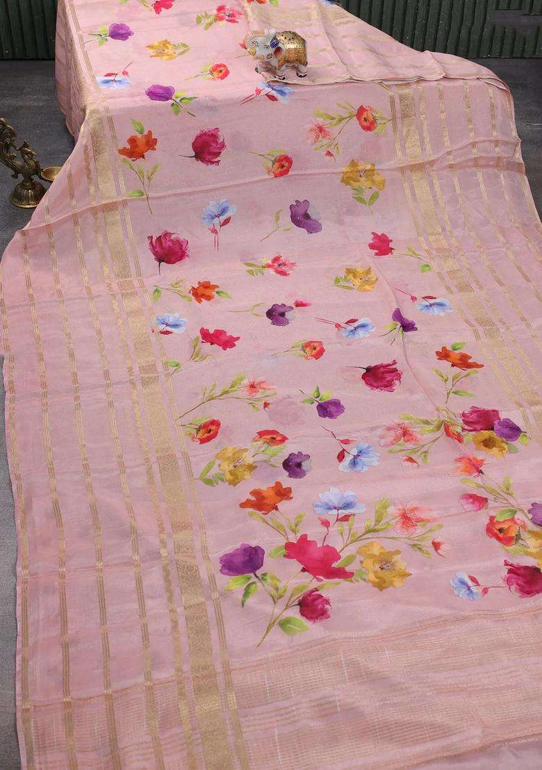 Semi Georgette Saree Peach Shade With Allover Floral Prints And Long Zari Woven Border With Printed Design For Women - Indya