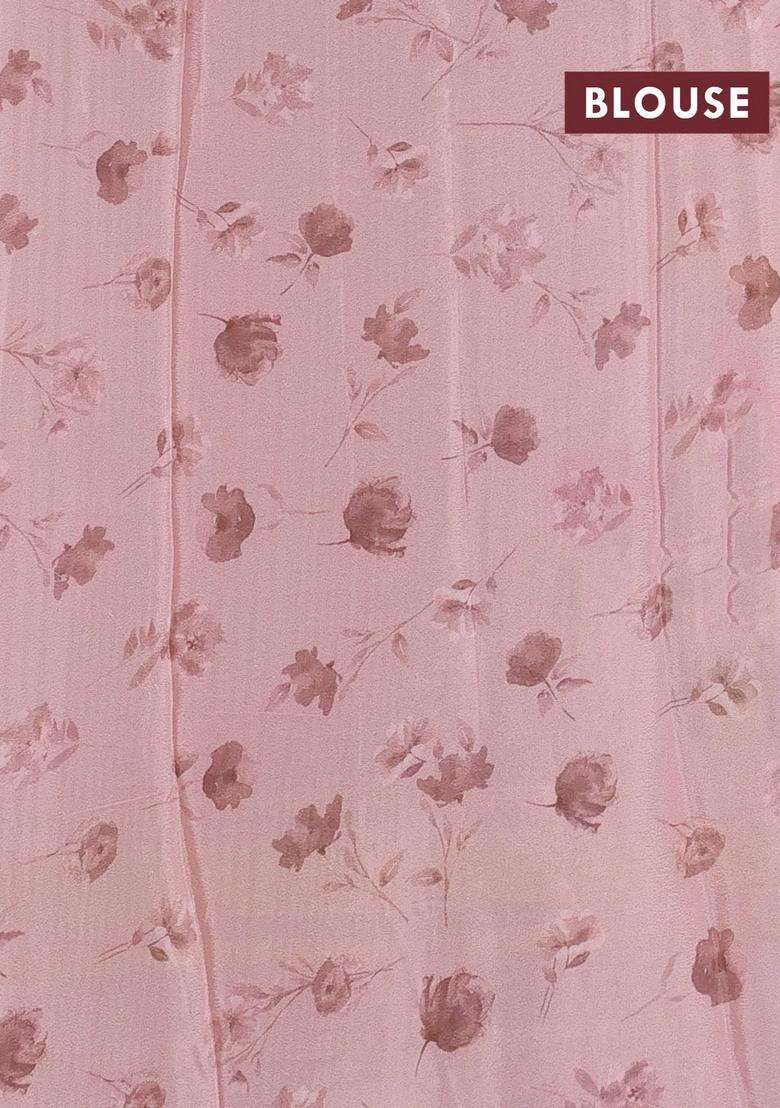 Semi Georgette Saree Peach Shade With Allover Floral Prints And Long Zari Woven Border With Printed Design For Women - Indya
