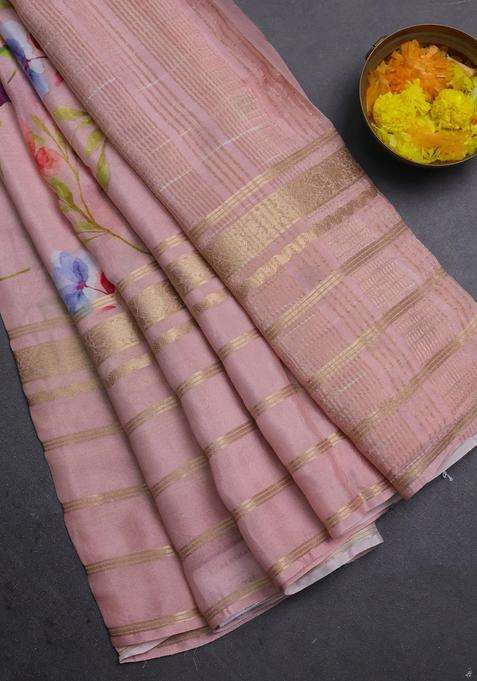 Semi Georgette Saree Peach Shade With Allover Floral Prints And Long Zari Woven Border With Printed Design For Women