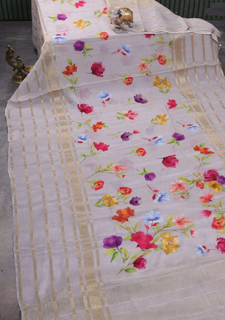 Semi Georgette Saree Grey With Allover Floral Prints And Long Zari Woven Border With Printed Design For Women - Indya