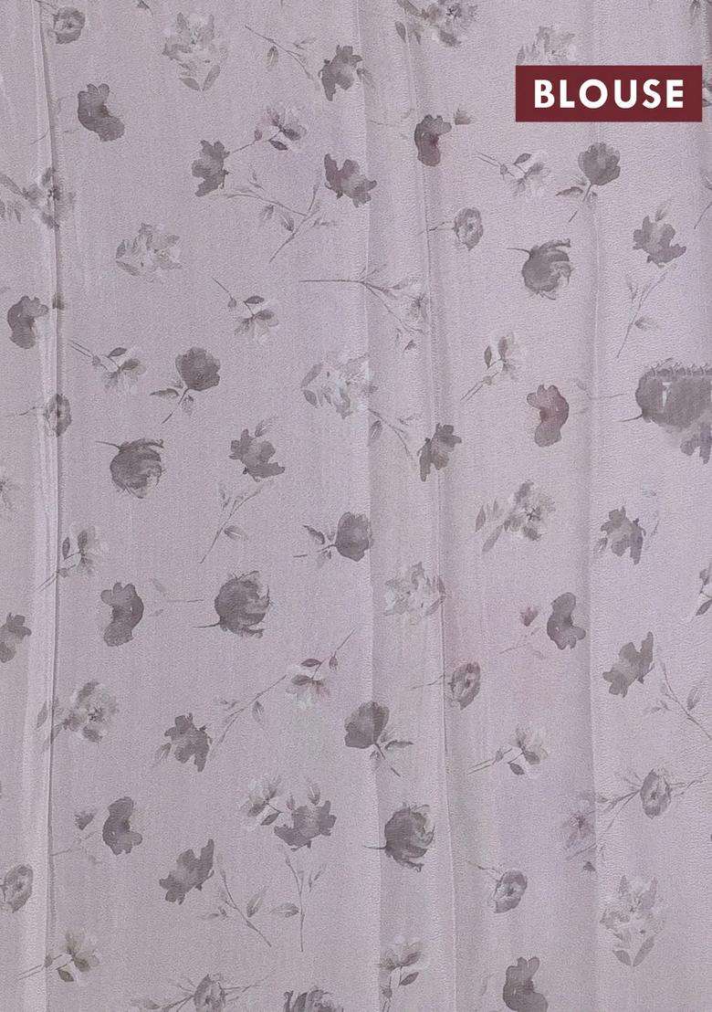 Semi Georgette Saree Grey With Allover Floral Prints And Long Zari Woven Border With Printed Design For Women - Indya