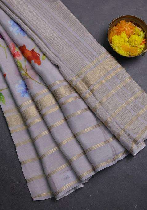 Semi Georgette Saree Grey With Allover Floral Prints And Long Zari Woven Border With Printed Design For Women