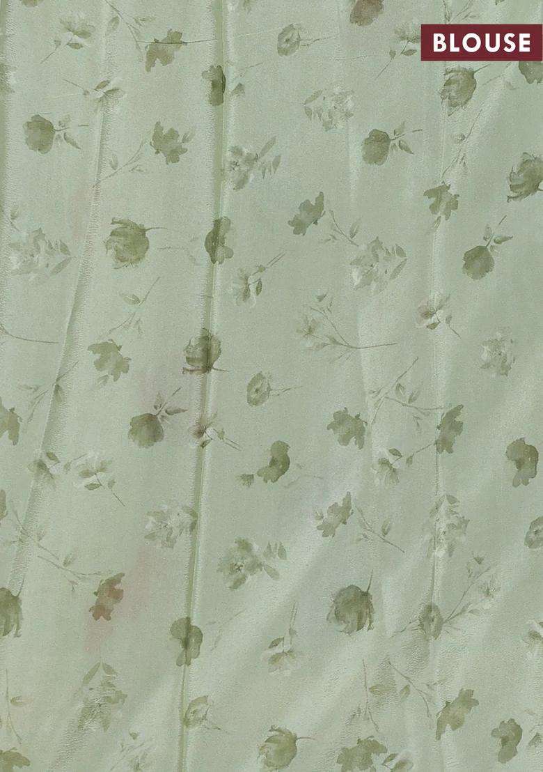 Semi Georgette Saree Pastel Green With Allover Floral Prints And Long Zari Woven Border With Printed Design For Women - Indya