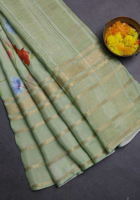 Semi Georgette Saree Pastel Green With Allover Floral Prints And Long Zari Woven Border With Printed Design For Women