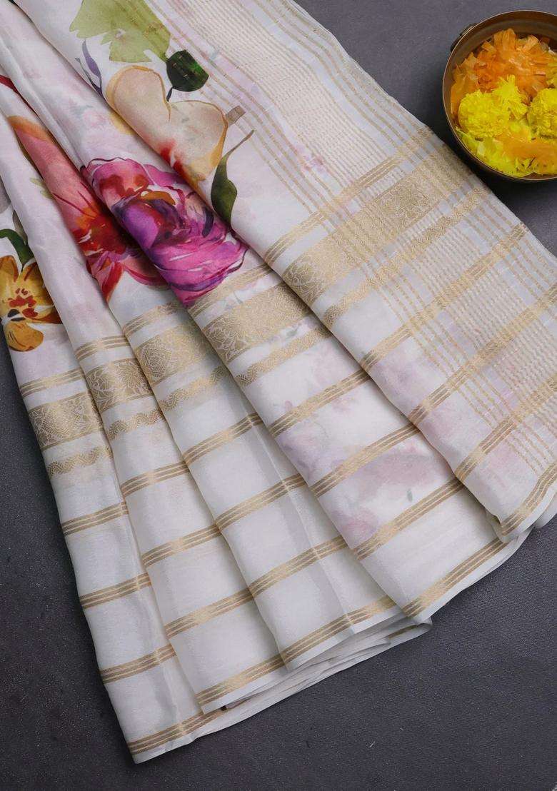 Semi Georgette Saree Off White With Allover Floral Prints And Long Zari Woven Border With Printed Design For Women - Indya