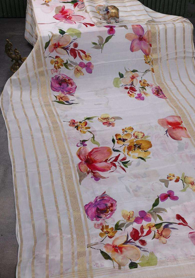 Semi Georgette Saree Off White With Allover Floral Prints And Long Zari Woven Border With Printed Design For Women - Indya