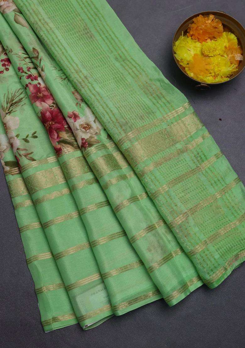 Semi Georgette Saree Green With Allover Floral Prints And Long Zari Woven Border With Printed Design For Women - Indya