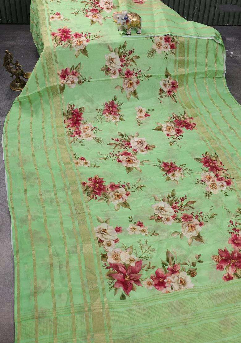 Semi Georgette Saree Green With Allover Floral Prints And Long Zari Woven Border With Printed Design For Women - Indya