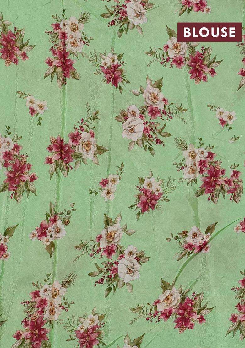 Semi Georgette Saree Green With Allover Floral Prints And Long Zari Woven Border With Printed Design For Women - Indya