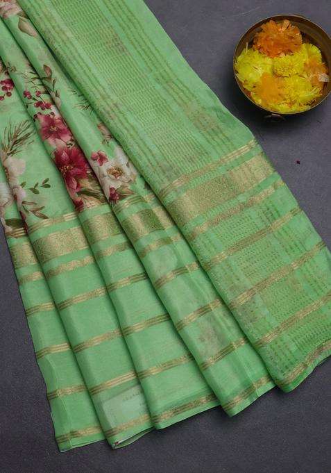 Semi Georgette Saree Green With Allover Floral Prints And Long Zari Woven Border With Printed Design For Women