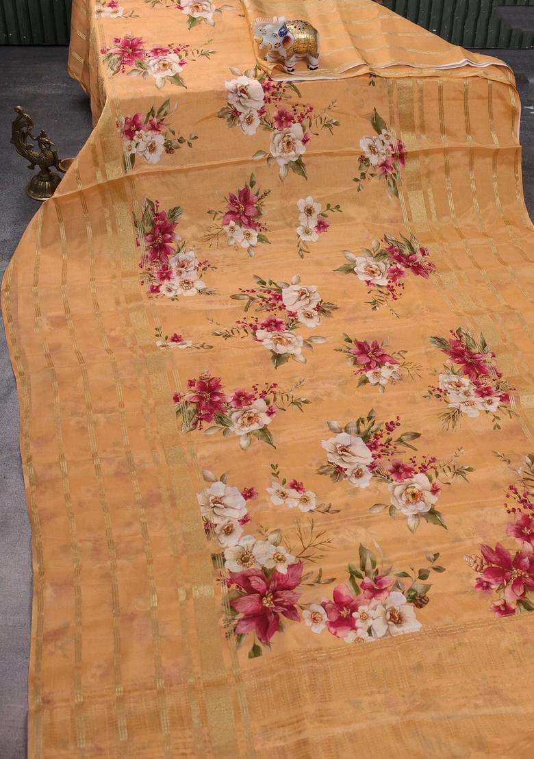 Semi Georgette Saree Orange With Allover Floral Prints And Long Zari Woven Border With Printed Design For Women - Indya