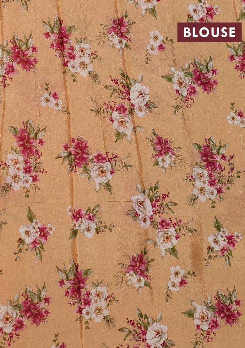 Semi Georgette Saree Orange With Allover Floral Prints And Long Zari Woven Border With Printed Design For Women - Indya