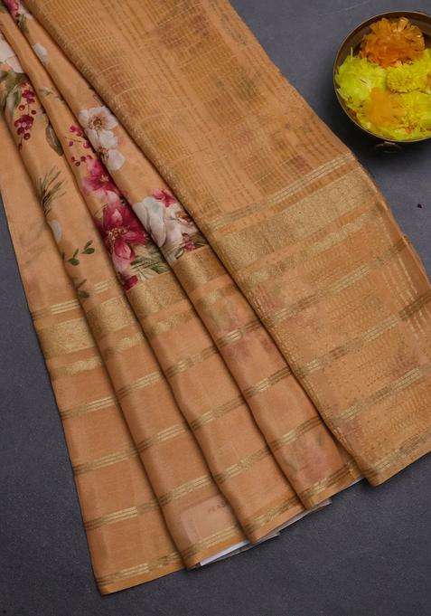 Semi Georgette Saree Orange With Allover Floral Prints And Long Zari Woven Border With Printed Design For Women