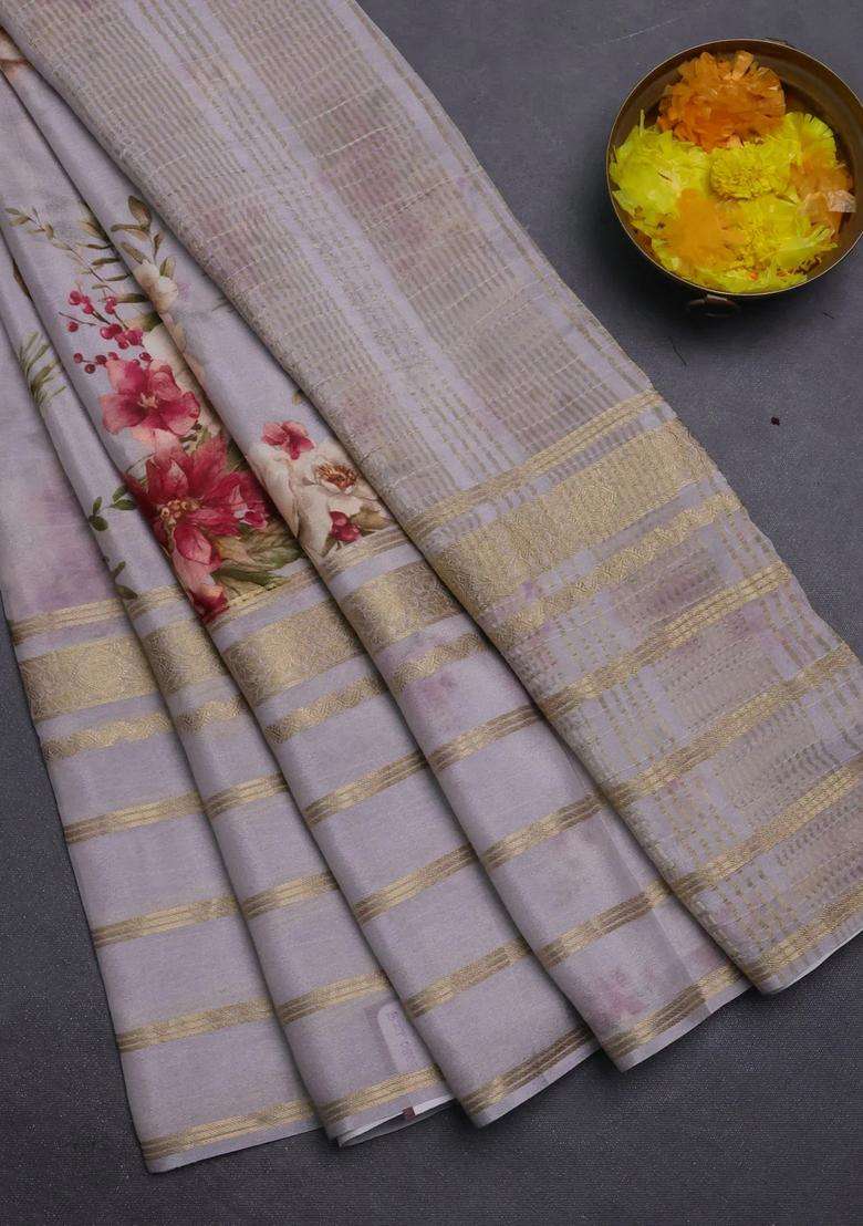 Semi Georgette Saree Pastel Grey With Allover Floral Prints And Long Zari Woven Border With Printed Design For Women - Indya