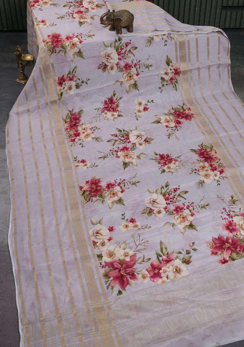 Semi Georgette Saree Pastel Grey With Allover Floral Prints And Long Zari Woven Border With Printed Design For Women - Indya