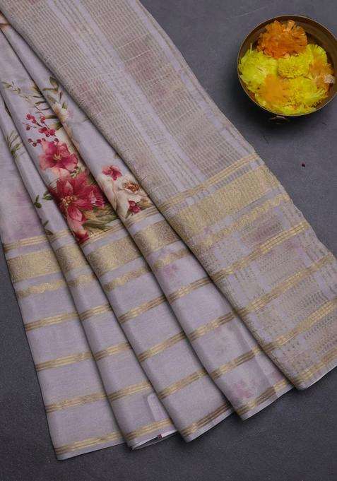 Semi Georgette Saree Pastel Grey With Allover Floral Prints And Long Zari Woven Border With Printed Design For Women