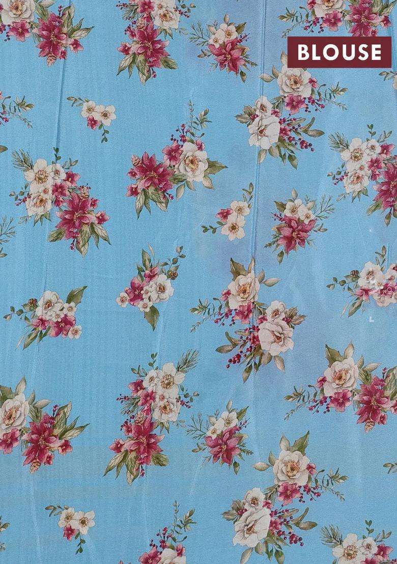 Semi Georgette Saree Blue Shade With Allover Floral Prints And Long Zari Woven Border With Printed Design For Women - Indya