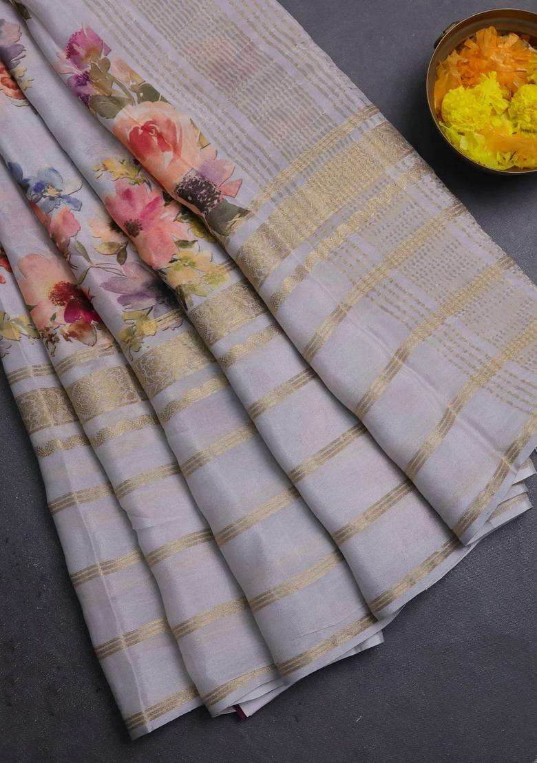 Semi Georgette Saree Pastel Grey With Allover Floral Prints And Long Zari Woven Border With Printed Design For Women - Indya