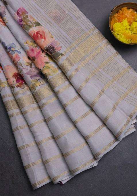 Semi Georgette Saree Pastel Grey With Allover Floral Prints And Long Zari Woven Border With Printed Design For Women